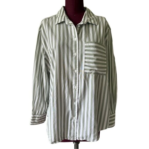 LOLA RIVER STRIPE Button Down SHIRT size L Green White - Picture 3 of 11